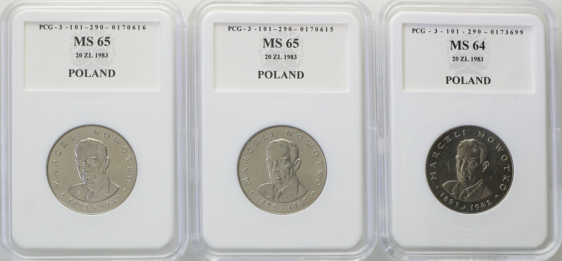 PRL. Zestaw monet 20 złotych 1983 M. Nowotko - 3 sztuki